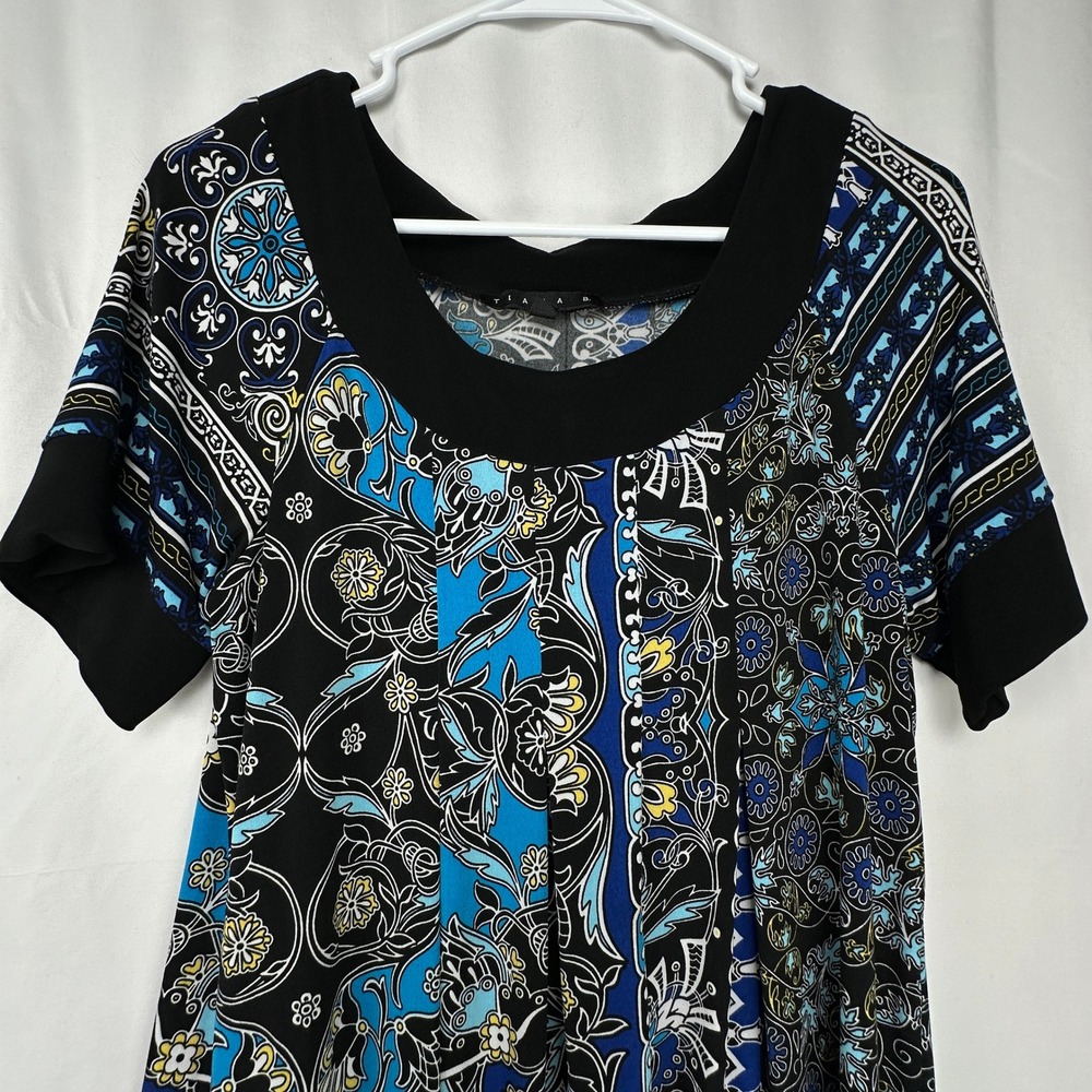 Tiana B Womens Large Shift Dress Black Blue Paisley Floral Short Sleeve Stretch